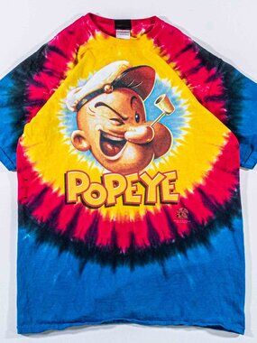 Vtg Liquid Blue Popeye Shirt M All Over Print Tie Dye Y2K Retro Cartoon AOP